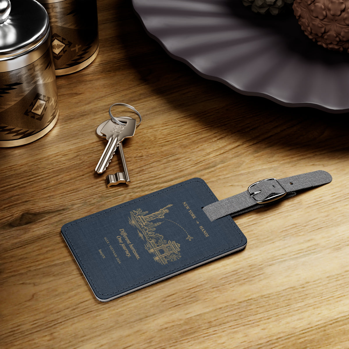 EntryVN Two Worlds Luggage Tag – New York to Hanoi – Navy | Saffiano Travel Bag Tag