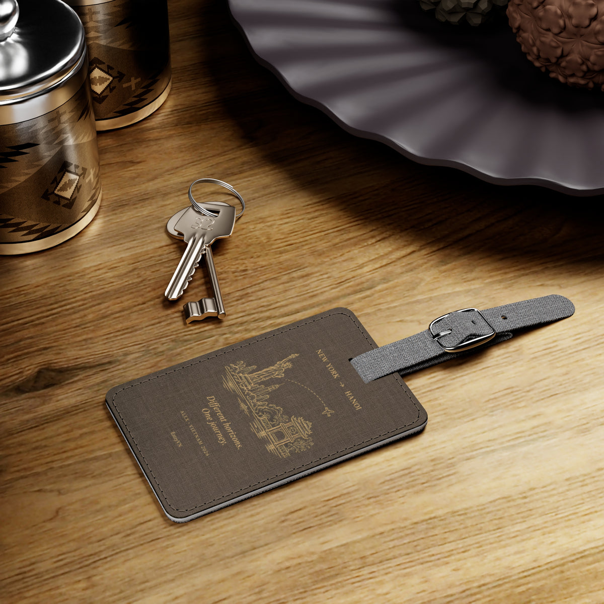 EntryVN Two Worlds Luggage Tag – New York to Hanoi – Sand Brown | Saffiano Travel Bag Tag