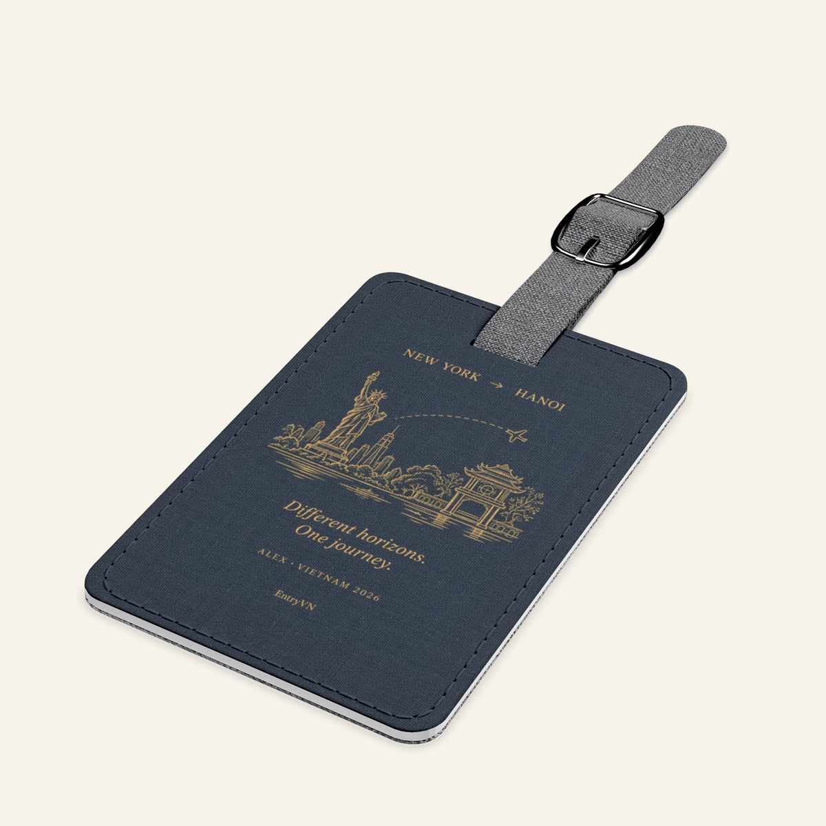 EntryVN Two Worlds Luggage Tag – New York to Hanoi – Navy | Saffiano Travel Bag Tag