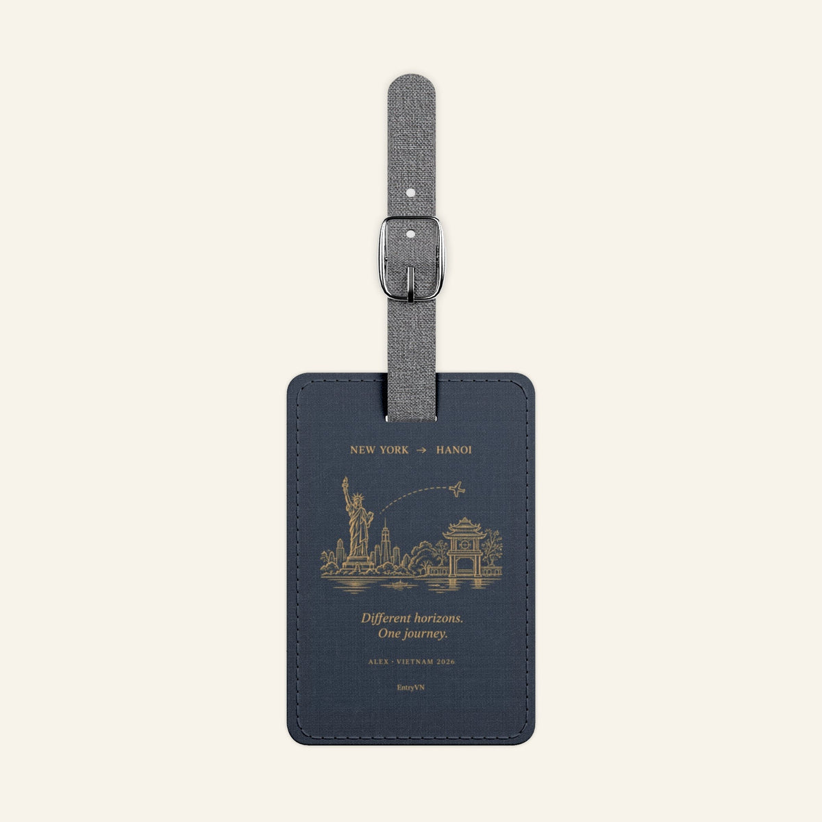 EntryVN Two Worlds Luggage Tag – New York to Hanoi – Navy | Saffiano Travel Bag Tag