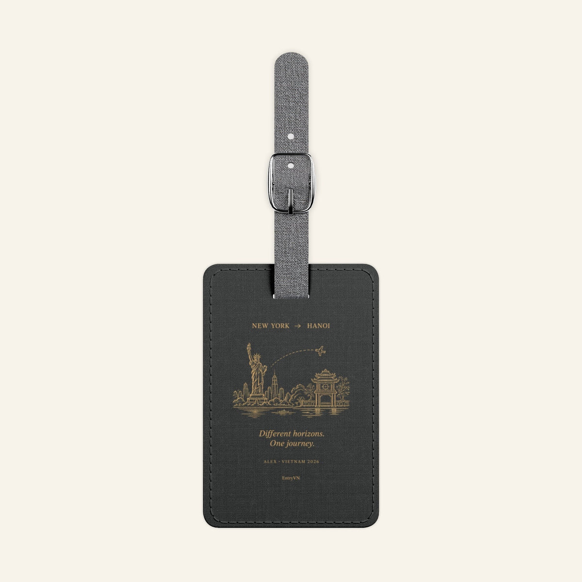 EntryVN Two Worlds Luggage Tag – New York to Hanoi – Classic Black | Saffiano Travel Bag Tag