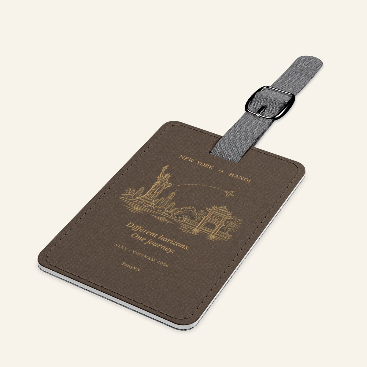 EntryVN Two Worlds Luggage Tag – New York to Hanoi – Sand Brown | Saffiano Travel Bag Tag