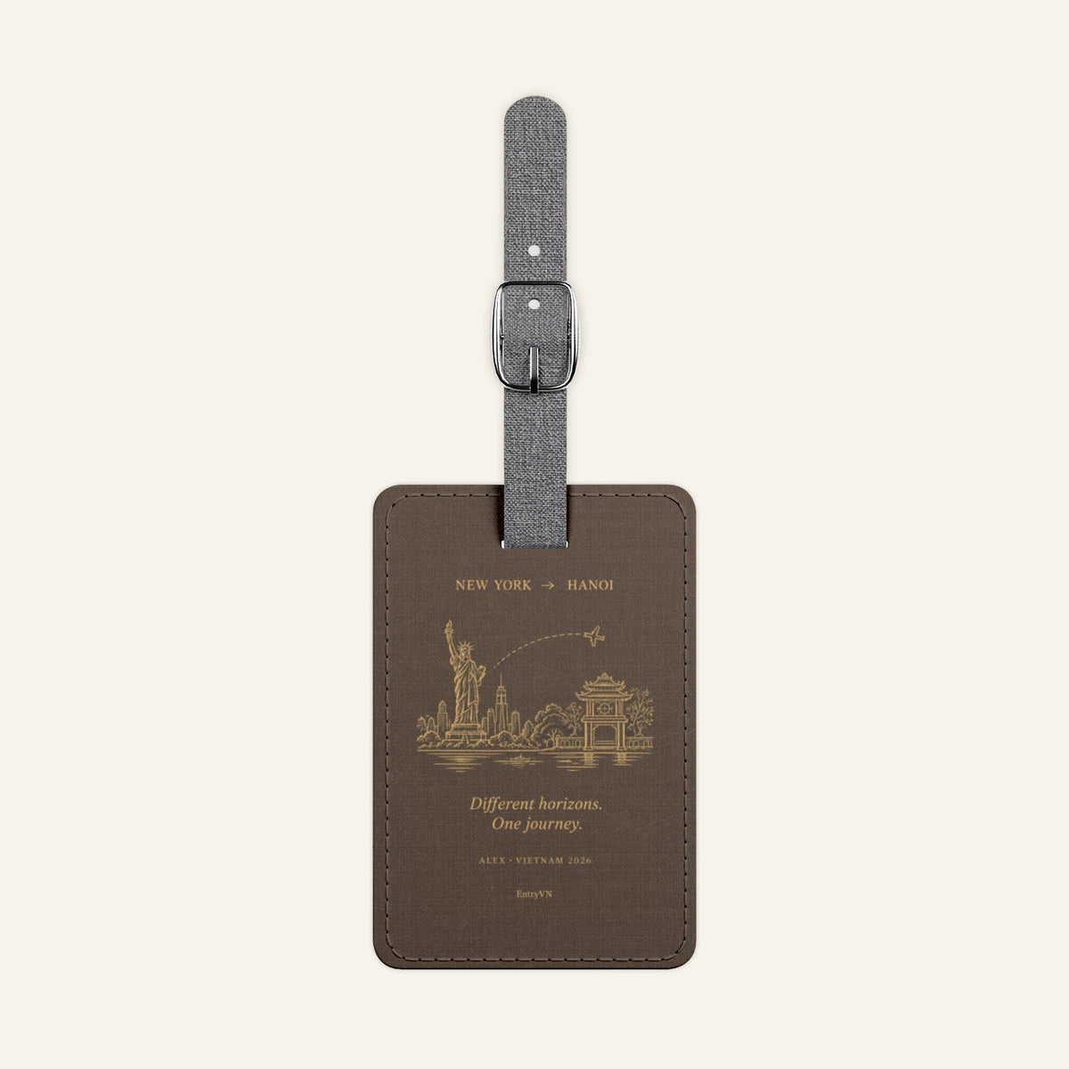 EntryVN Two Worlds Luggage Tag – New York to Hanoi – Sand Brown | Saffiano Travel Bag Tag