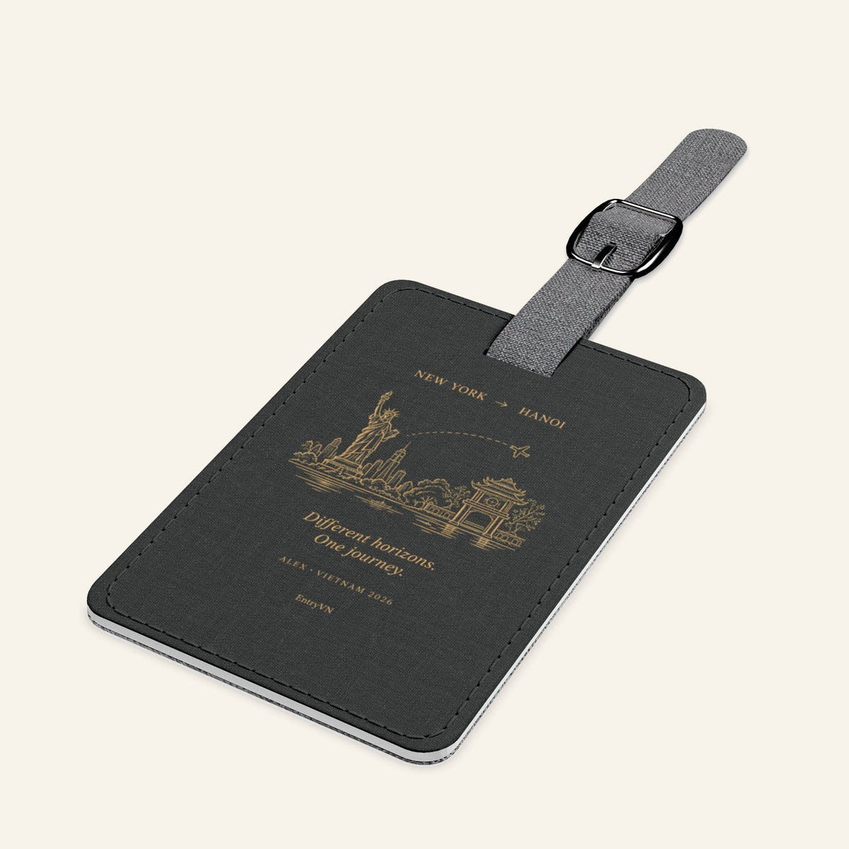 EntryVN Two Worlds Luggage Tag – New York to Hanoi – Classic Black | Saffiano Travel Bag Tag