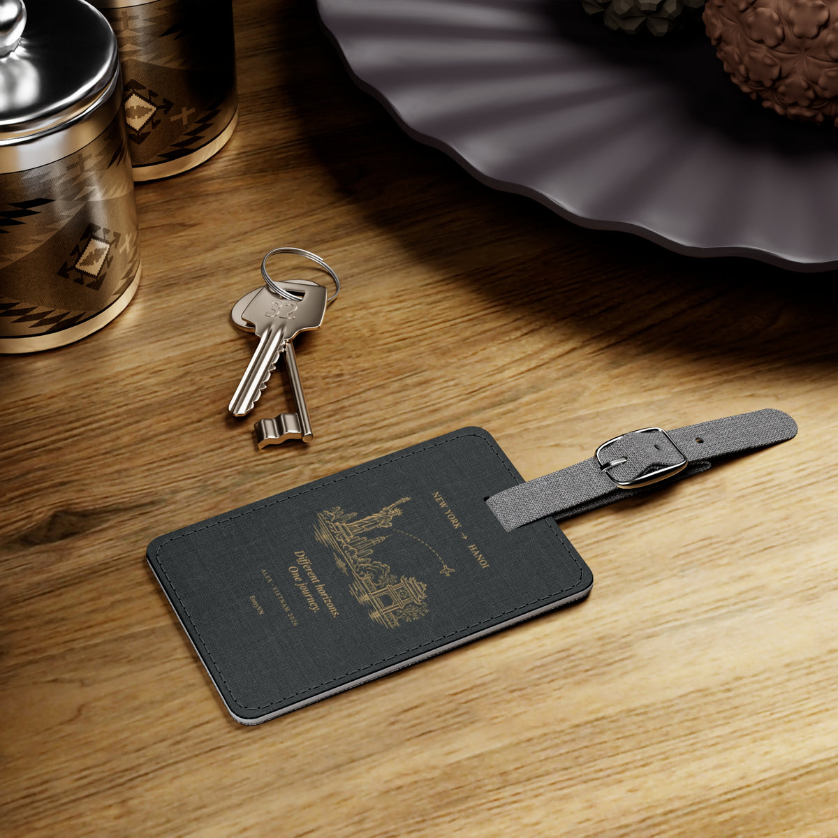 EntryVN Two Worlds Luggage Tag – New York to Hanoi – Classic Black | Saffiano Travel Bag Tag