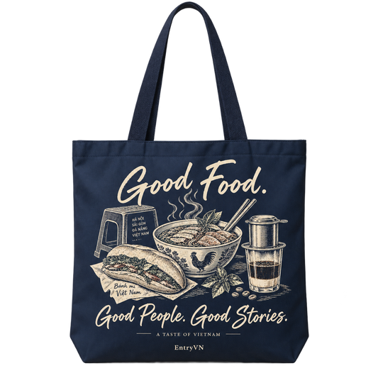 Navy EntryVN tote bag with Good Food Good People Good Stories artwork